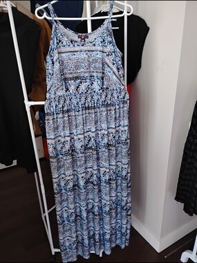 Lava Blue Patterned Maxi  with Smocked Waist Adjustable Spaghetti Straps Dress